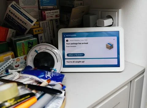 Amazon Alexa Delivery Notification at Home Stock Photos