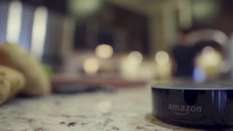 Amazon Alexa smart home device in kitchen Stock Footage 131570953