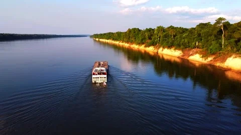 Amazon Beef Cattle Transport Barge on Aripuana River Aerial Stock Footage 336469228