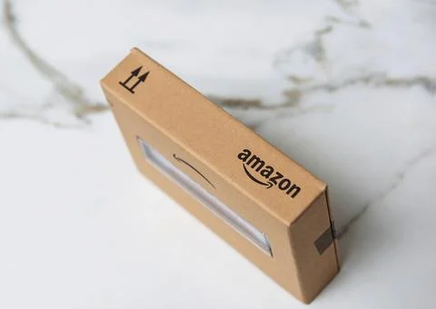 Amazon box on marble surface 写真素材