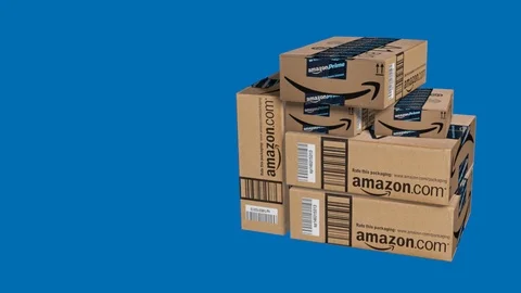 Amazon boxes isolated on blue - 3d animation Stock Footage 106750308