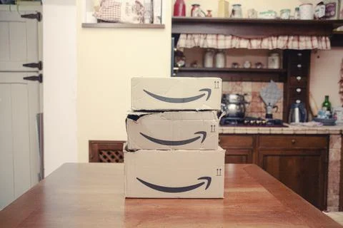 Amazon boxes pile three editorial Stock Photos