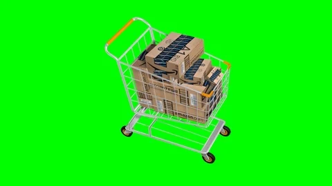 Amazon boxes in shopping cart 360 spin green screen - seamless loop 3d Stock Footage 106796692