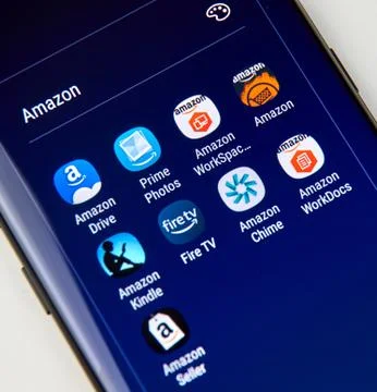 Amazon different Android applications icons on Samsung S8 Stock Photos