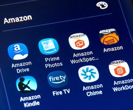 Amazon different Android applications icons on Samsung S8 Fotos de archivo