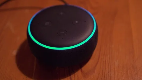 Amazon Echo Dot (3rd Gen) Alexa Switches On Lights By Voice Command Stock Footage 104926009