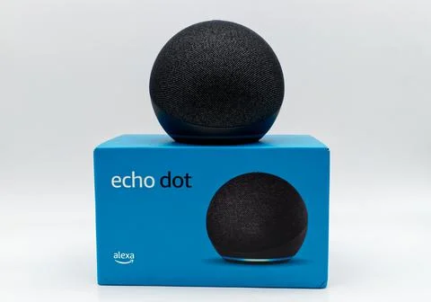 Amazon Echo Dot. Alexa, virtual assistant AI. Stock Photos