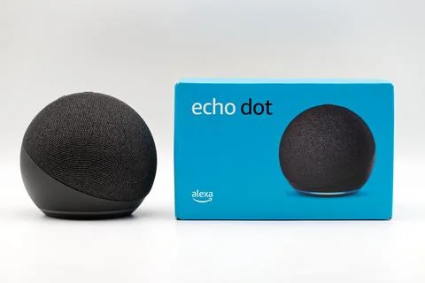 Amazon Echo Dot. Alexa, virtual assistant AI Stock Photos