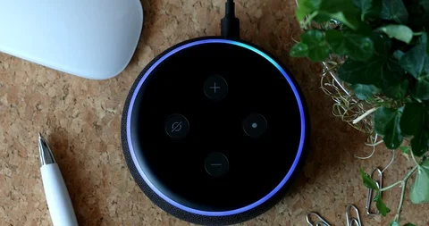 Amazon Echo Dot On The Cork Desk Stock-Footage 124726323