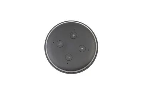Amazon Echo Dot Loudspeaker Voice  recognition system on white background Fotos Stock