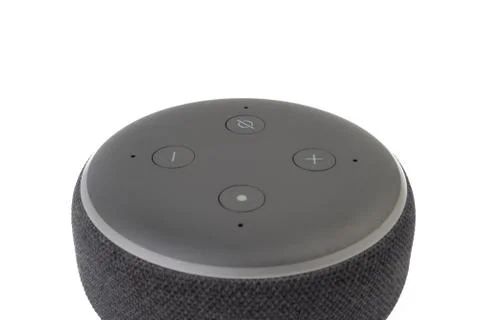 Amazon Echo Dot Loudspeaker Voice  recognition system on white background 库存照片
