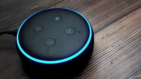 Amazon Echo Dot startup clips with selective focus Stock Footage 154752597