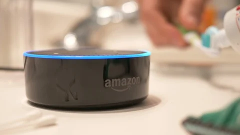 Amazon Echo Smart Assistant Device on a Bathroom Counter Being Used in a Smar Stock Footage 93566240