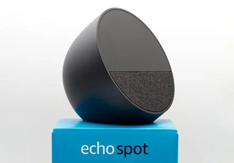 Amazon Echo Spot. Alexa, virtual assistant AI isolated on white background. Stock Photos