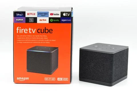 Amazon Fire TV Cube isolated on a white background. Stock Photos