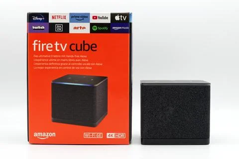 Amazon Fire TV Cube isolated on a white background. Stock Photos