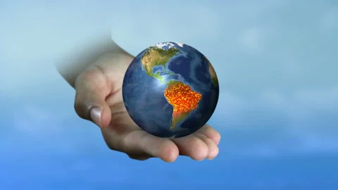 Amazon forest fire burning Earth. Planet apocalypse in human hand. CG animation Stock Footage 114720591