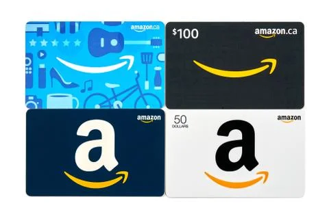 Amazon gift cards on white background. Amazon is a titan of e-commerce, logis Stock Photos