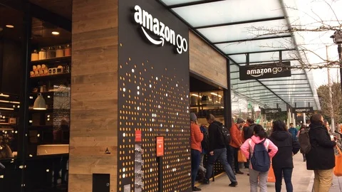 Amazon Go opens to public offering cashier-less shopping Stock Footage
