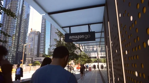 Amazon Go sign at Amazon's Global Corporate Headquarters in Seattle. Stock Footage 107948927
