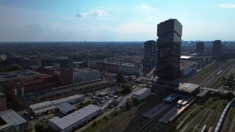 Amazon headquarters Tower skyscraper. Dramatic aerial view flight drone Stock Footage 314265744