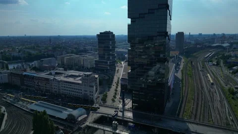Amazon headquarters Tower skyscraper. Fabulous aerial view flight drone Stock Footage 314265740
