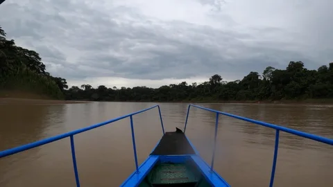 Amazon Hyperlapse Front of Boat Traveling down Amazon River Cloudy Day Stock Footage 128833264