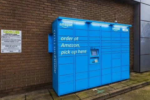 Amazon Locker in blue for secure parcel collection and delivery access. Londo Stock Photos