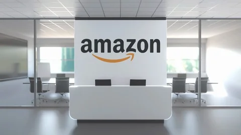 AMAZON logo above reception desk in the modern office, editorial conceptual 3D Stock Footage 119028908