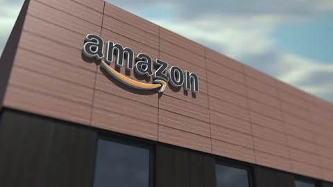 Amazon logo on the building, editorial time lapse 3d animation Stock Footage 142905721