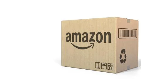 Amazon logo on a carton. Editorial 3D rendering Stock Illustration