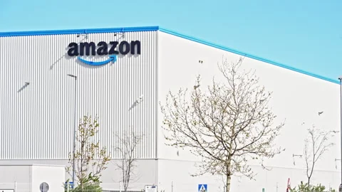 Amazon Logo Madrid Spain Logistics Hub Warehouse Exterior American E-commerce Stock Footage 333134424