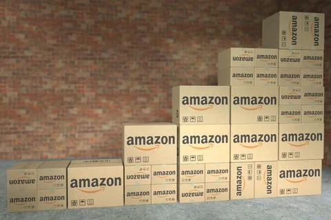 AMAZON logo on many boxes composing a rising bar chart. Editorial business Stock Illustration