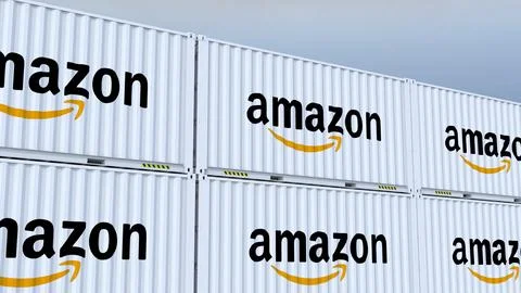 Amazon logo Metal boxes with the logo and flag Stock Photos