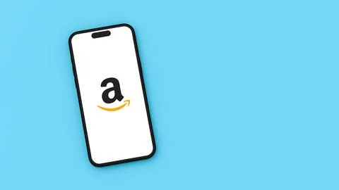 Amazon Logo on Mobile Phone Screen on Blue Background with Copy Space Stock Illustration