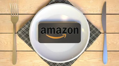 AMAZON logo on the screen of mobile phone on the plate. Editorial food delivery Ilustración de archivo