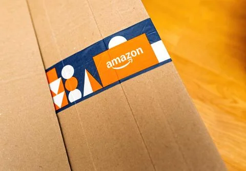 Amazon package with geometric tape Foto stock
