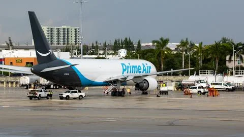 Amazon Prime Air cargo plane overshoots runway at Miami International Airport, U Stock Photos