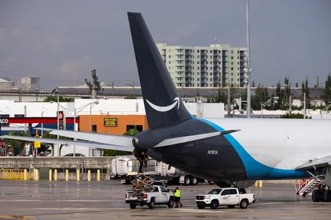 Amazon Prime Air cargo plane overshoots runway at Miami International Airport, U Stock Photos