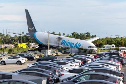 Amazon Prime Air cargo plane overshoots runway at Miami International Airport, U Stock Photos