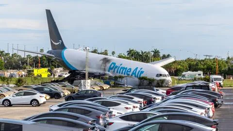 Amazon Prime Air cargo plane overshoots runway at Miami International Airport, U Stock Photos