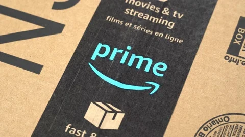 Amazon Prime branded tape and logo on a shipping box Video stock 131903724