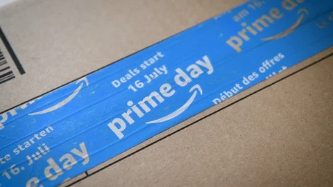 Amazon Prime Day cardboard parcel cardboard focus to logo Stock Footage 95207940