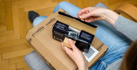Amazon Prime Parcel delivery of e-commerce ordered goods via internet Panasonic Stock Photos