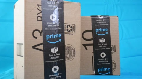 Amazon prime parcels, packages, online business, shopping, commerce, Video stock 143021227