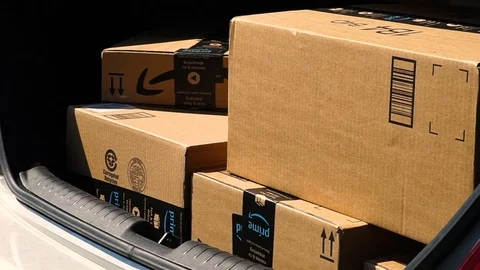 Amazon Prime Shipping Boxes in Automobile Stock Footage