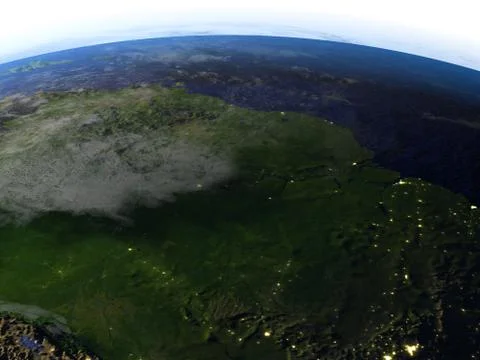 Amazon rainforest at night on realistic model of Earth Illustrazione stock