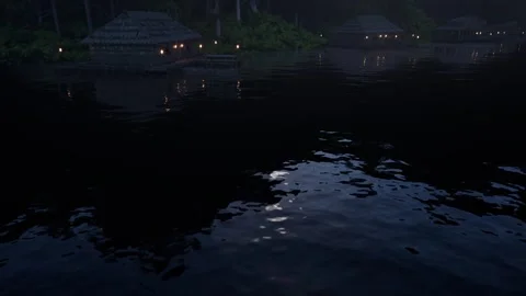Amazon Rainforest River with wooden huts and wooden fishing boats on night time Video stock 292968440