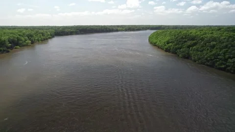 Amazon River Meet Rio Negro Waters Aerial View - Barreirinhas, Brazil Stockbeeldmateriaal 331517290