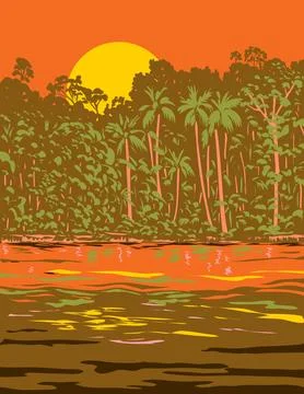 Amazon River or Rio Amazonas in South America WPA Art Deco Poster . Illustrazione stock